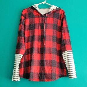 Red and Black Plaid Hoodie with Striped Sleeves